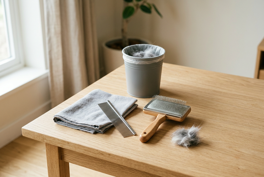 Supplies arranged for safely cleaning reusable pet grooming tools.