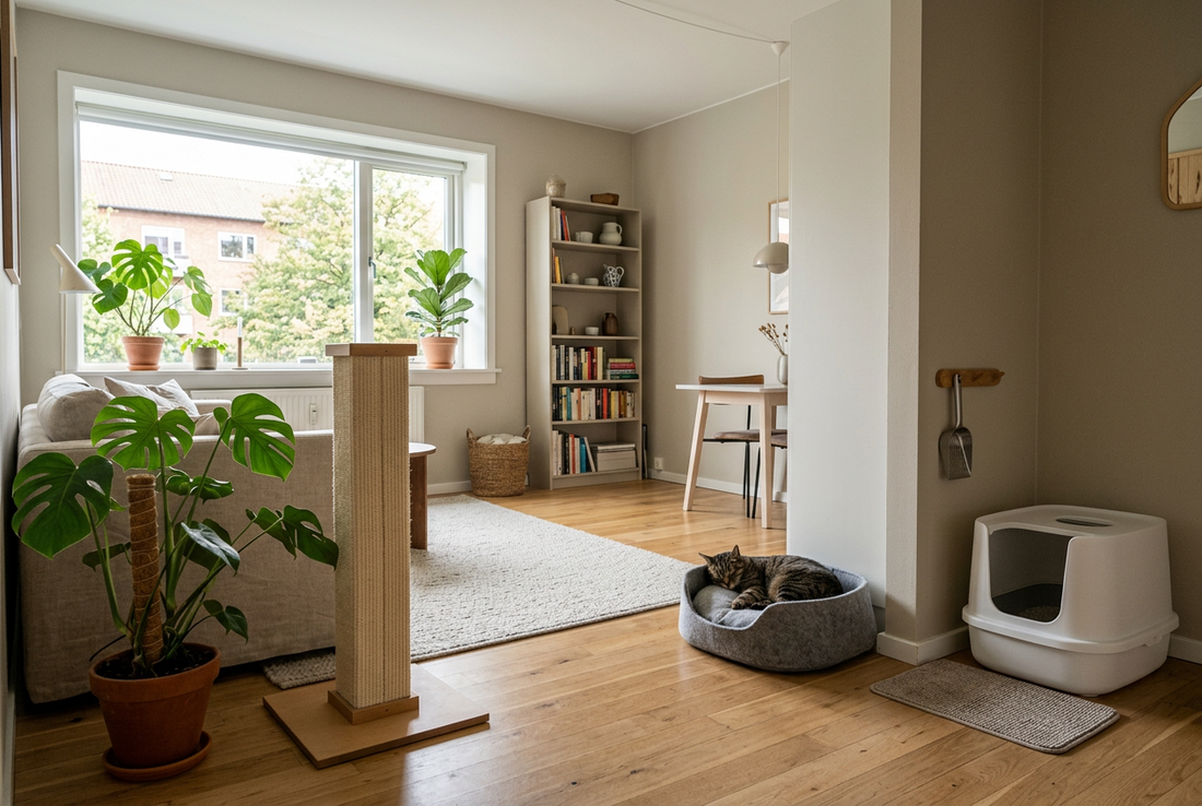Small apartment with distinct resting, scratching, and litter zones for an indoor cat.