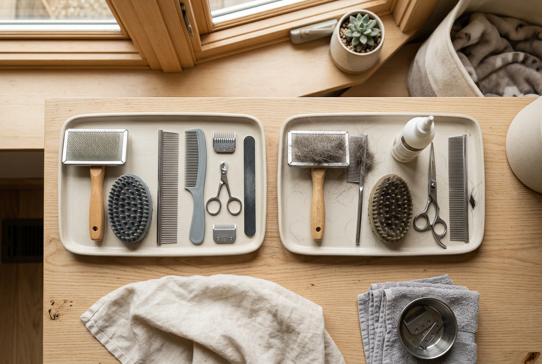 Pet grooming tools separated by purpose on a clean tabletop before storage.