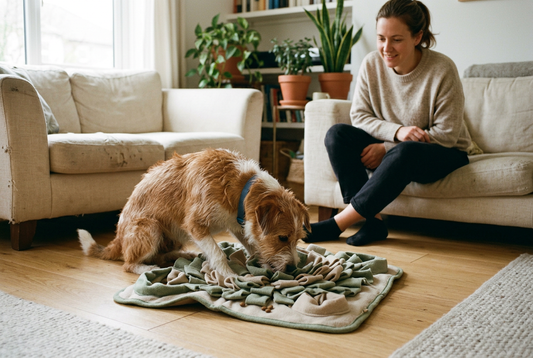 Dog searching for food in a fabric snuffle mat during a supervised indoor enrichment activity.