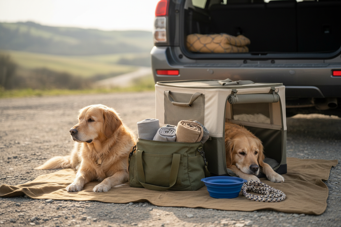 Organized dog travel bag, bowl, leash, and carrier beside a car