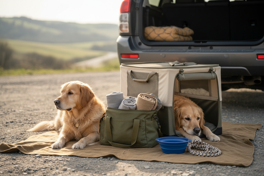 Organized dog travel bag, bowl, leash, and carrier beside a car