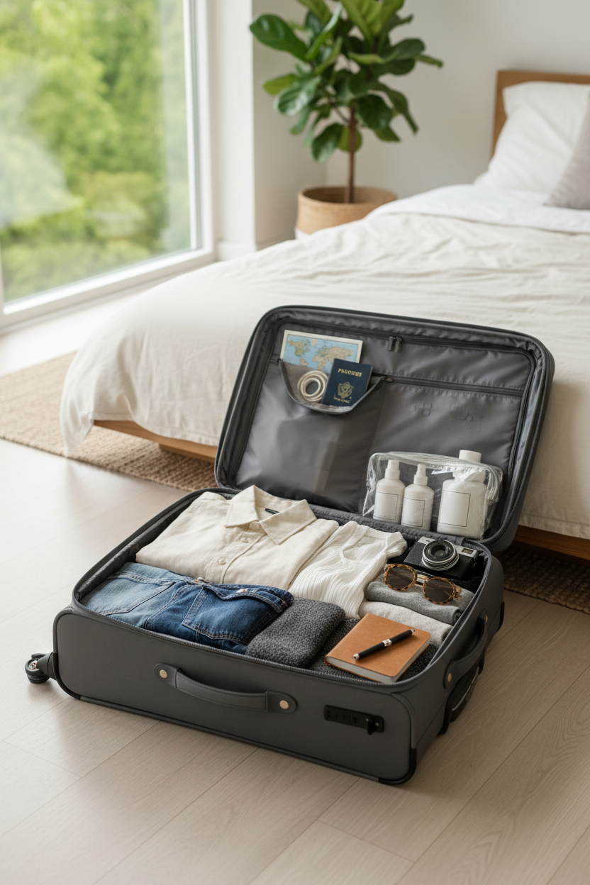 Travel essentials organized for packing before a long trip