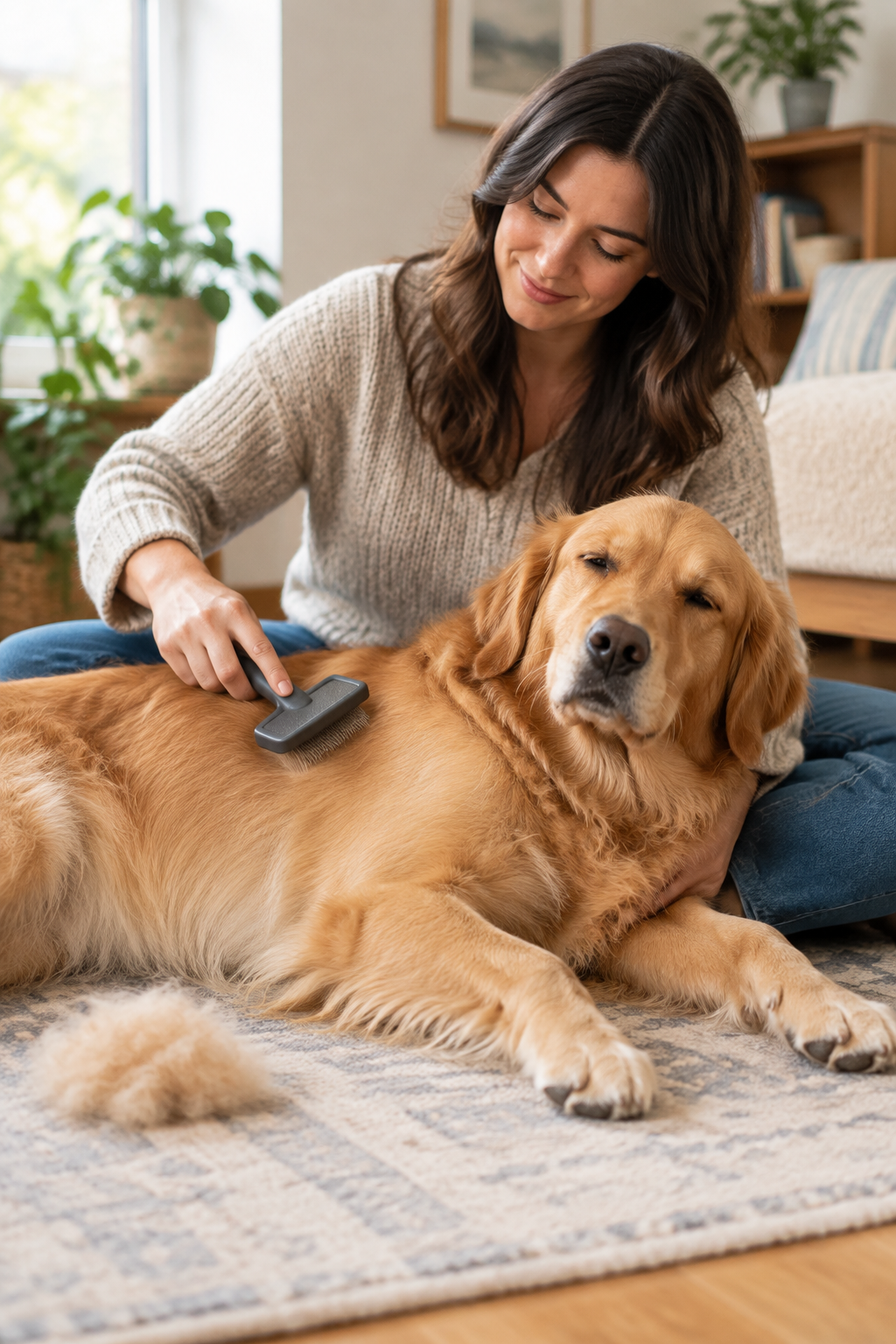 Pet owner gently brushing a relaxed dog at home, with a small pile of removed loose fur nearby