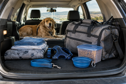 Organized dog travel essentials arranged in the cargo area of a family vehicle.