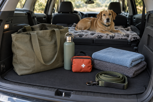 Dog travel supplies neatly organized in a car cargo area, with a calm dog resting on the back seat