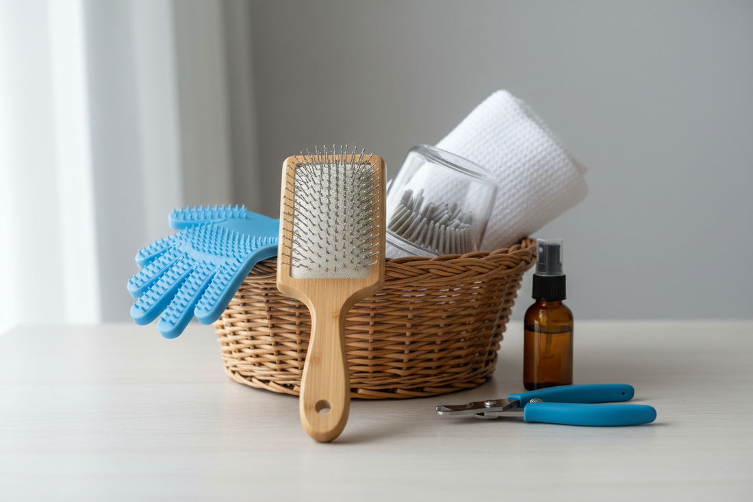 Organized pet grooming, paw care, and nail care supplies