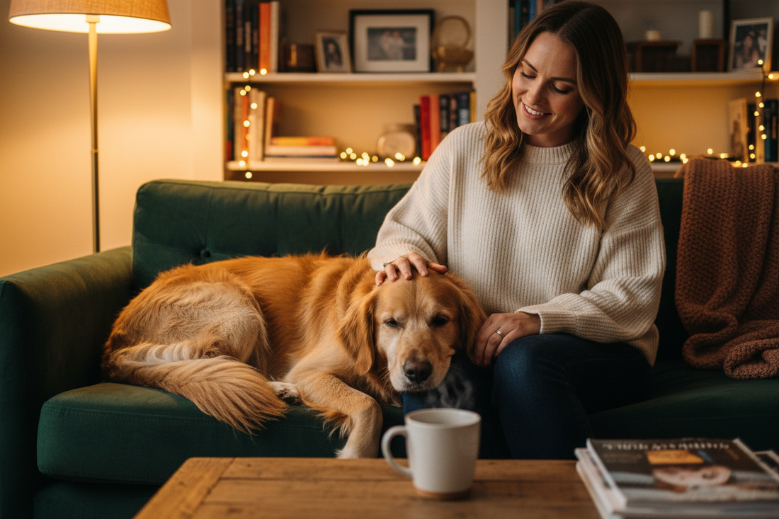 Dog owner calmly petting a relaxed dog at bedtime