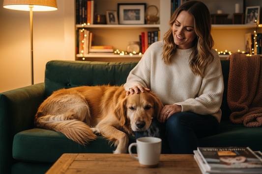 Dog owner calmly petting a relaxed dog at bedtime