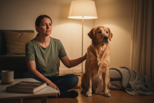 Dog owner calmly sitting with anxious dog without over-comforting