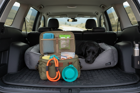 Pet travel organizer holding dog road trip essentials beside a travel space