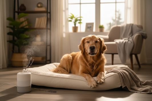 Happy relaxed dog lying peacefully in a calm home environment