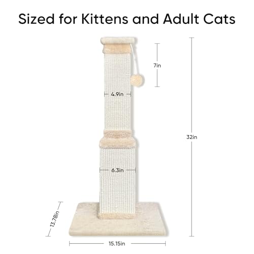 Cat Scratching Post for Indoor Cats, 32Inch Sisal Cat Scratcher, Beige - Image 4