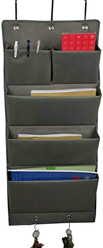 5 Pockets Over the Door Organizer and Storage Hanging with Hooks, Wall Mount Office Supplies File Folders Document Holder for Notebooks, Paper,Supplies, Closets, Families, Filing (Gray)