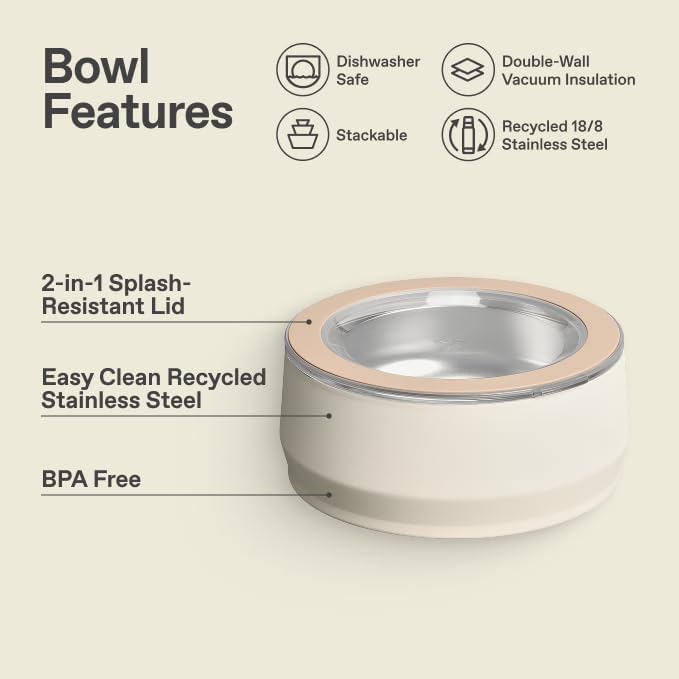 STANLEY Pet Bowl | 3-Cup (24 oz) Insulated Stainless Steel Dog & Cat Bowl | Splash-Resistant Lid | Dishwasher Safe | BPA-Free | Cream