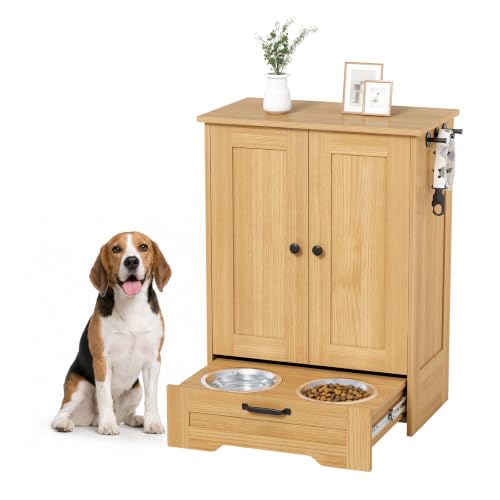 Dog Cabinet, Dog Feeding Station with Hidden Pull-Out Feeder, Oak - Image 2