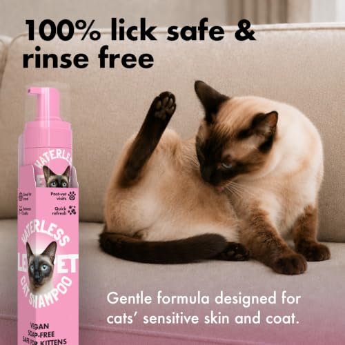 Waterless Cat Shampoo - No Rinse Dry Shampoo for Cats & Kittens, Hypoallergenic Cat Cleaning Foam, Lick-Safe Formula for Indoor Cats, Helps Neutralize Odors & Refresh Coat Between 