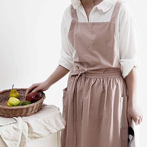 VLZUFE Women Cotton Linen Cross Back Apron with Pockets for Gardening Works Pinafore Dress