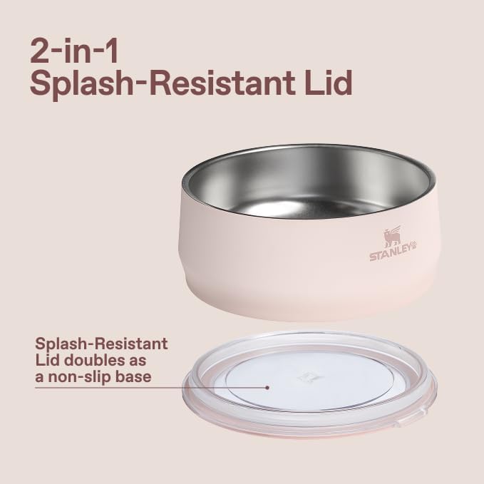 STANLEY Pet Bowl | 6-Cup (48 oz) Insulated Stainless Steel Dog & Cat Bowl | Splash-Resistant Lid | Dishwasher Safe | BPA-Free | Rose Quartz
