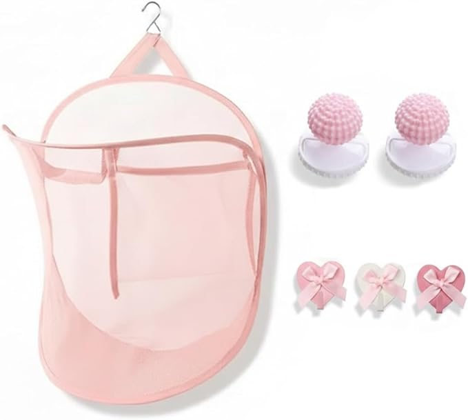 Pink Foldable Mesh Pop Up Laundry Hamper Set with Washing Machine Pet Hair Catcher, Lint Remover & Self-Adhesive Bow Hooks – Breathable and Space-Saving Design for Balcony Laundry Room Organization