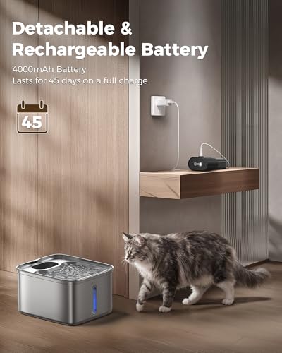 Wireless Cat Water Fountain, 108oz/3L Pump-Free Ultra-Quiet Pet Water Dispenser, Stainless Steel with Multi-Layer Filtration, 3 Smart Modes & Motion Sensor,Automatic Drinking Fount