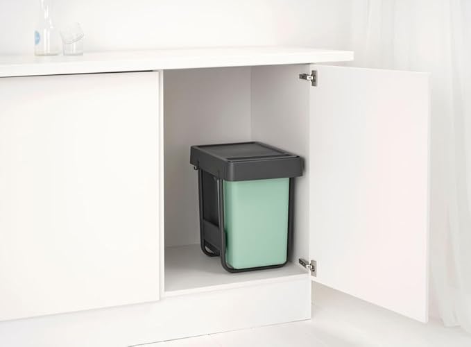 Brabantia Sort & Go Pull Out Trash Can | 2 x 4 Gal Built-in Under Kitchen Sink Cabinet Garbage Can | Integrated Double Sliding Recycling Unit, Smooth Rails, Removable Buckets | Gray & Green