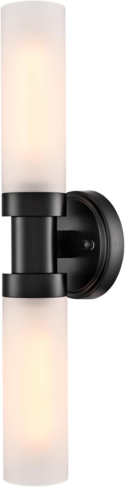 Modern Black Glass Wall Sconce 2-Light Cylinder Bathroom Wall Light Fixtures 20-Inch Frosted Glass Sconces Wall Lighting for Bedroom Living Room Hallway