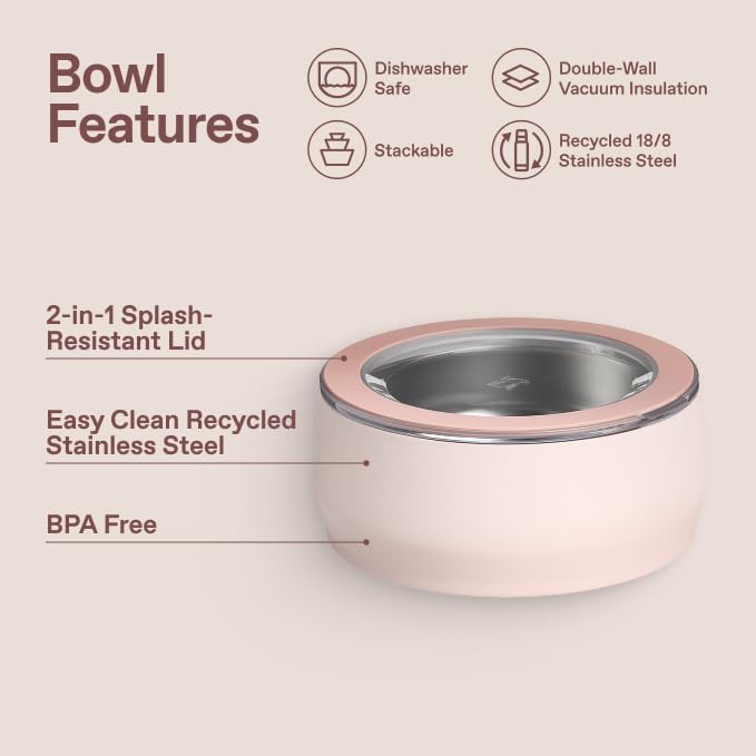 STANLEY Pet Bowl | 6-Cup (48 oz) Insulated Stainless Steel Dog & Cat Bowl | Splash-Resistant Lid | Dishwasher Safe | BPA-Free | Rose Quartz