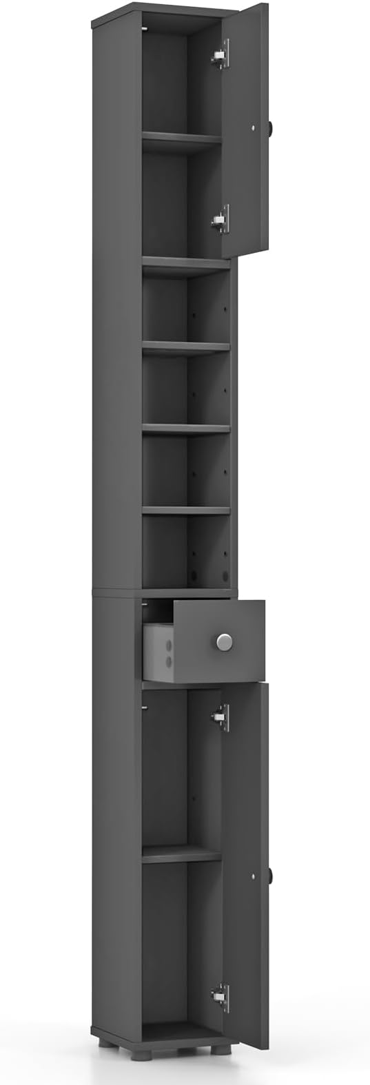GOFLAME 71” Tall Bathroom Storage Cabinet, Narrow Freestanding Organizer with 1 Drawer, 2 Doors & 5 Open Shelves, Slim Bathroom Cabinet for Small Space, 8" x 8" x 71", Grey