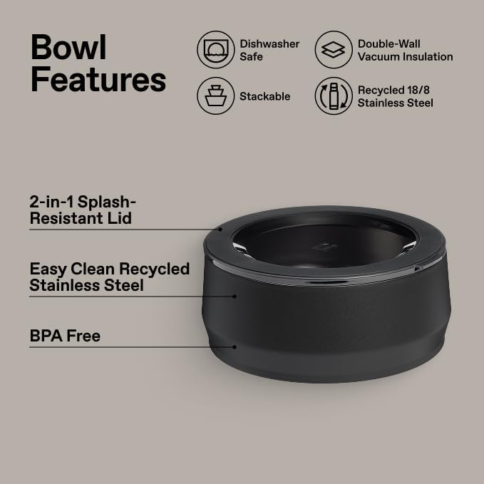 STANLEY Pet Bowl | 6-Cup (48 oz) Insulated Stainless Steel Dog & Cat Bowl | Splash-Resistant Lid | Dishwasher Safe | BPA-Free | Black 2.0
