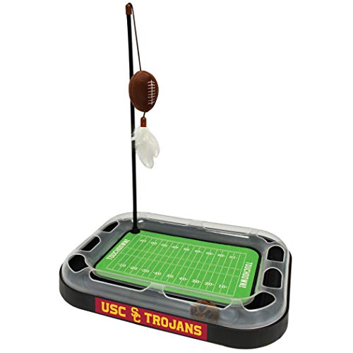 Pets First Cat Scratching Toy NCAA USC Trojans Football Field Cat Scratcher Toy with Interactive Cat Ball Bell in Tracks. 5-in-1 CAT Toy: Cat Wand Poll with Catnip Filled Plush Football & Cat Feathers