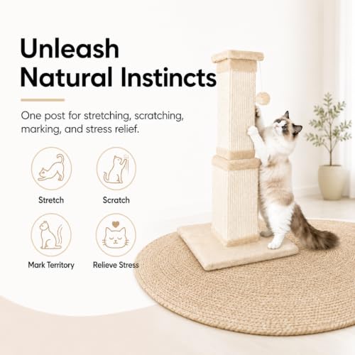 Cat Scratching Post for Indoor Cats, 32Inch Sisal Cat Scratcher, Beige - Image 6