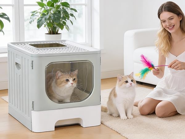 Cat Litter Box with Scoop, Large Foldable Litter Box with Lid & Drawer Tray, Top Entry Cat Litter Box, Odor Control, Easy to Clean for Small to Medium Cats (Light Gray, 19" L x 15.3" W x 15" H)