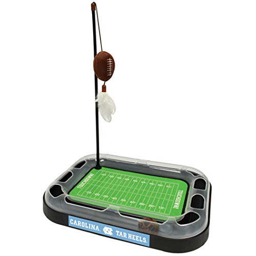 Pets First NCAA NORTH CAROLINA TAR HEELS FOOTBALL FIELD CAT SCRATCHER TOY with CATNIP Filled Plush FOOTBALL Toy & Feather Cat Toy hanging with Jingle Bell INTERACTIVE BALL Cat Chasing 6-in-1 KITTY Toy