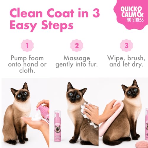 Waterless Cat Shampoo - No Rinse Dry Shampoo for Cats & Kittens, Hypoallergenic Cat Cleaning Foam, Lick-Safe Formula for Indoor Cats, Helps Neutralize Odors & Refresh Coat Between 