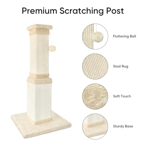 Cat Scratching Post for Indoor Cats, 32Inch Sisal Cat Scratcher, Beige - Image 3