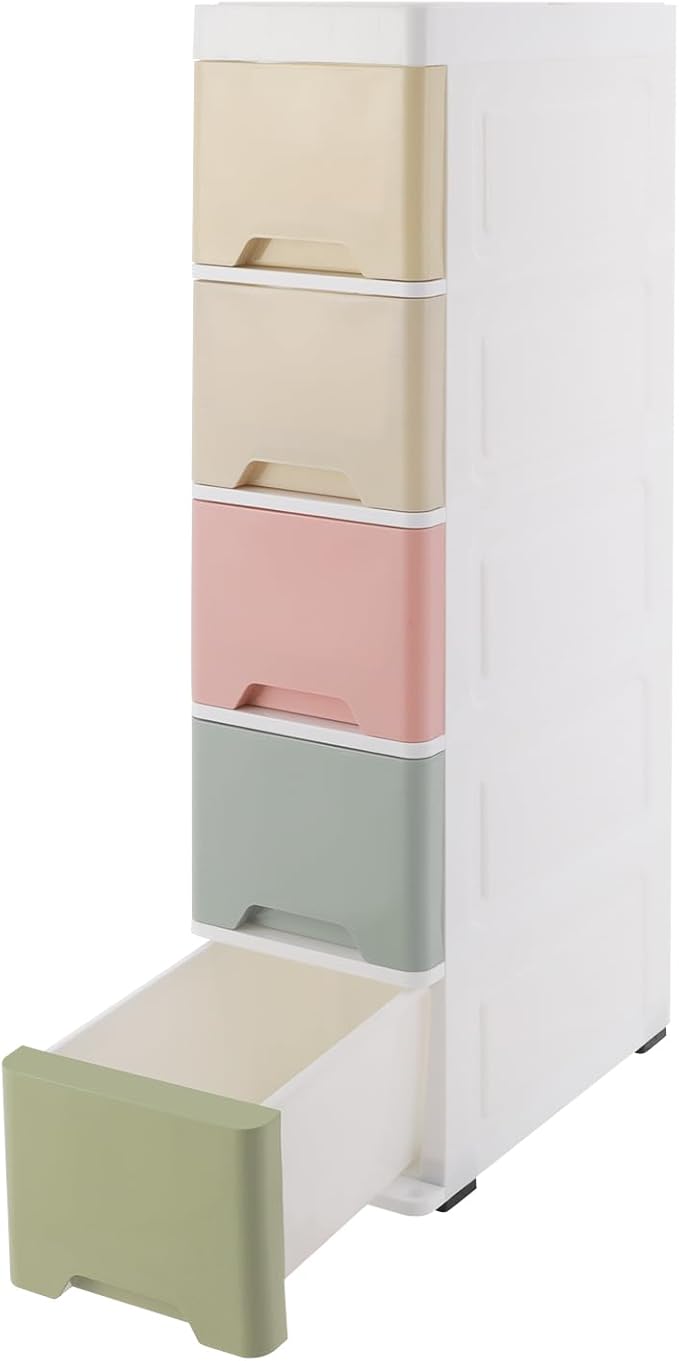 5-Tier Slim Bathroom Storage Cabinet with Wheels, Narrow Plastic Drawer Organizer Cart, Colorful Storage Cart for Bathroom, Kitchen, Laundry Small Spaces 7.09"x14.96"x32.68"