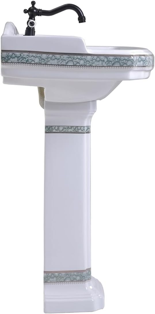 Renovators Supply Manufacturing 23" White Pedestal Bathroom Sink Heavy Duty Porcelain, Green and Gold Decorative Accents, 4" Centerset Faucet Holes, High Backsplash and Overflow