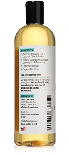 Certified Organic Pet Shampoo Natural Hypoallergenic Non Toxic For Sensitive Itchy Skin For Dogs, Cats, Puppies, Guinea Pigs and Rabbits. Concentrated Formula 16 Ounce