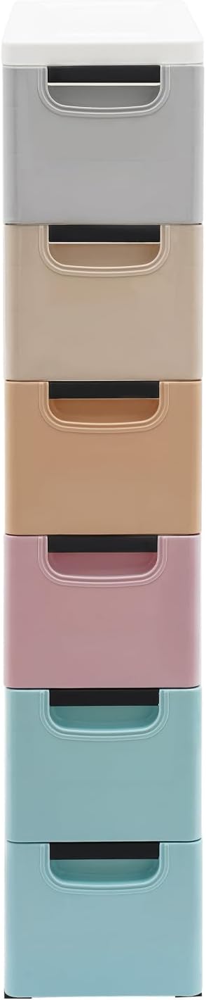 6 Drawers Plastic Storage Cabinet, Mobile Slim Utility Cart on Wheels, for Narrow Space Office Classroom Bedroom Bathroom (Multicolor)