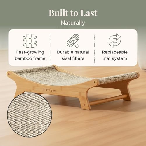 XL Sisal Cat Scratcher Bed with Elevated Hammock for Indoor Cats, Replaceable Natural Sisal Pad, Large Cat Lounge, Anti-Slip No-Wobble Bamboo Frame, Grey Chevron. - Image 3