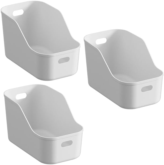 White Plastic Bins/Storage Organizers - Pantry Baskets, Bins for Shelves, Organizer and Storage for Bathroom, Bedrooms, Kitchens and More - Medium Size (3 Pack)