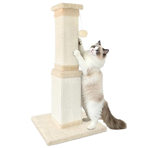 Cat Scratching Post for Indoor Cats, 32Inch Sisal Cat Scratcher, Beige - Image 2