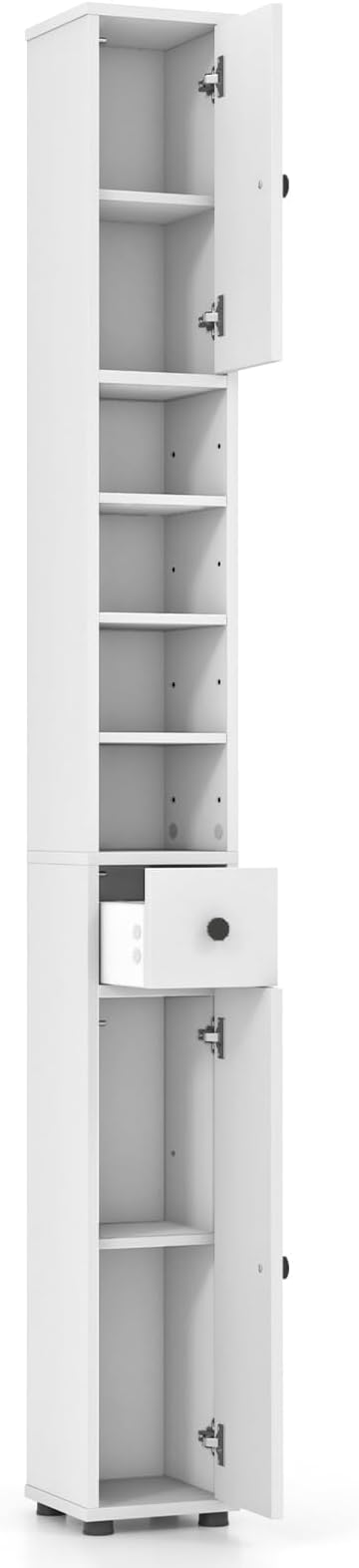 LDAILY 71”Tall Narrow Storage Cabinet, Skinny Bathroom Storage with 1 Drawer, 2 Doors, 5 Adjustable Shelves and Anti-Tipping Device, Wooden Slim Bathroom Cabinet for Office, Kitchen, Small Space