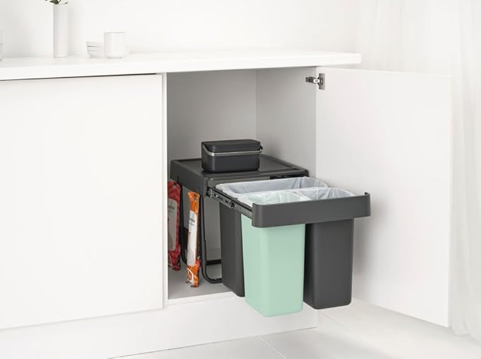 Brabantia Sort & Go Pull Out Trash Can | 4 + 4 + 5.3 Gal Built-in Under Kitchen Sink Cabinet Garbage Can | Integrated Triple Sliding Recycling Unit, Smooth Rails, Removable Buckets | Gray & Green
