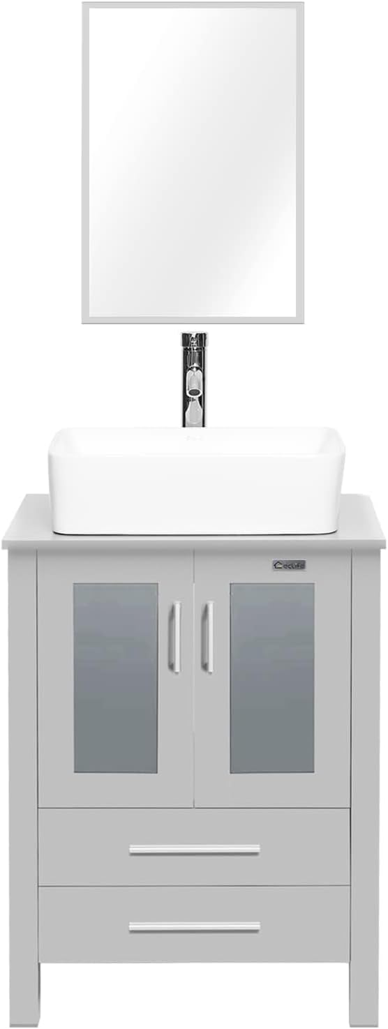 eclife 24" Modern Bathroom Vanity Sink Combo Freestanding Cabinet with Soft Closing Door, White Rectangle Ceramic Vessel Sink, Water Save Faucet, Drain (Gray+T03)
