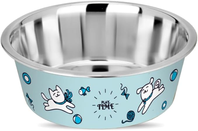 Stainless Steel Dog Bowls | Cat Bowls (Set of 2) - Anti Skid Dog Water Bowl | Cat Water Bowl - Dishwasher Safe - 13oz / 400ml – 12.3cm (Pale Turquoise Playtime Print)