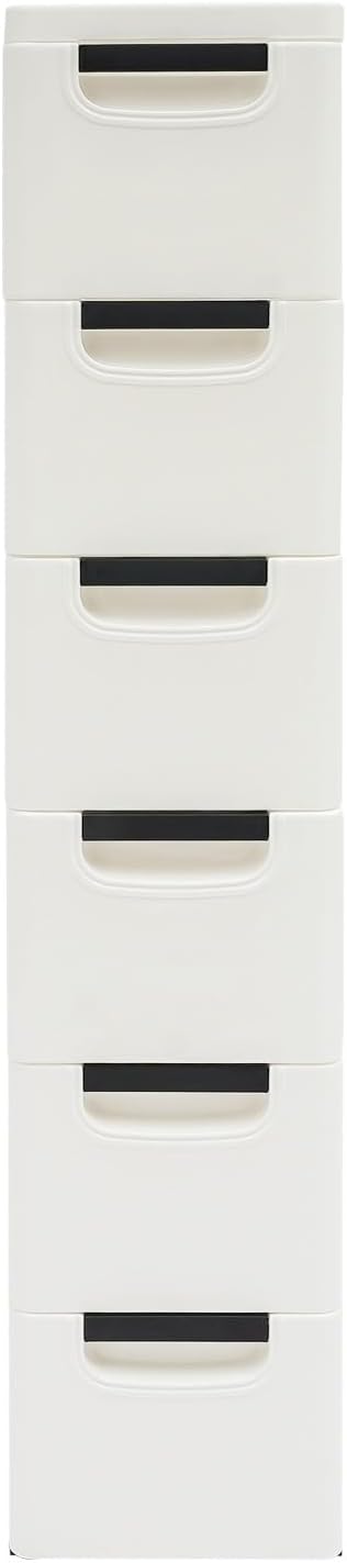 6 Drawers Narrow Slim Plastic Storage Cabinet,Storage Drawer with Wheels,6 Tier Drawers Dresser,Rolling Narrow Cabinet for Small Spaces Bathroom Kitchen Bedroom Living Room,White