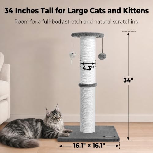 34-Inch Tall Cat Scratching Post for Large Cats, Gray - Image 3