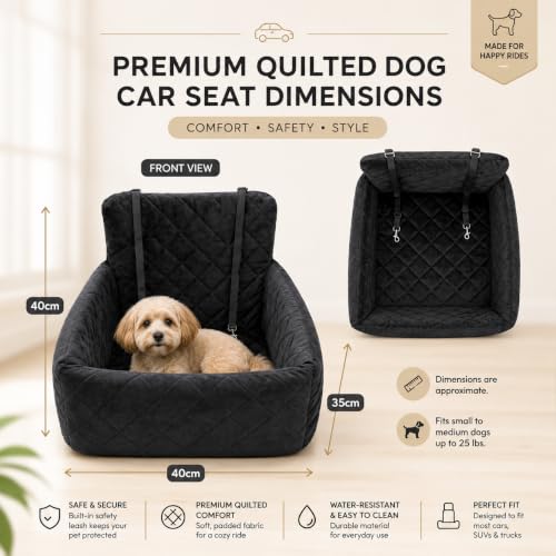 Dog Car Seat with 4 Poo Bag Rolls & Bowl - Booster Seat for Small & Medium Dogs, Detachable Washable Cover, Secure Buckles & Straps, Soft Cotton & Durable Polyester